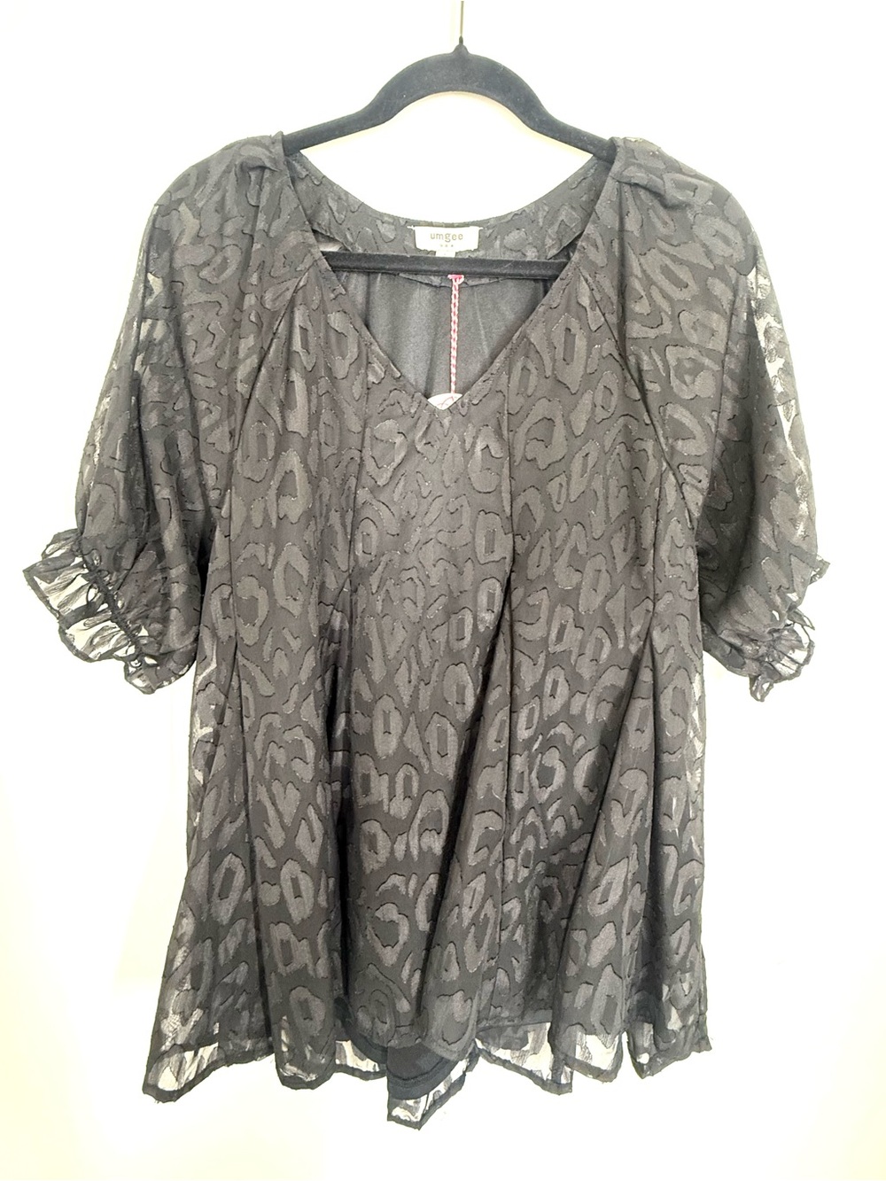 Umgee Black Leopard-Print Puff Ruffle Sleeve Blouse Top NWT Large Boutique